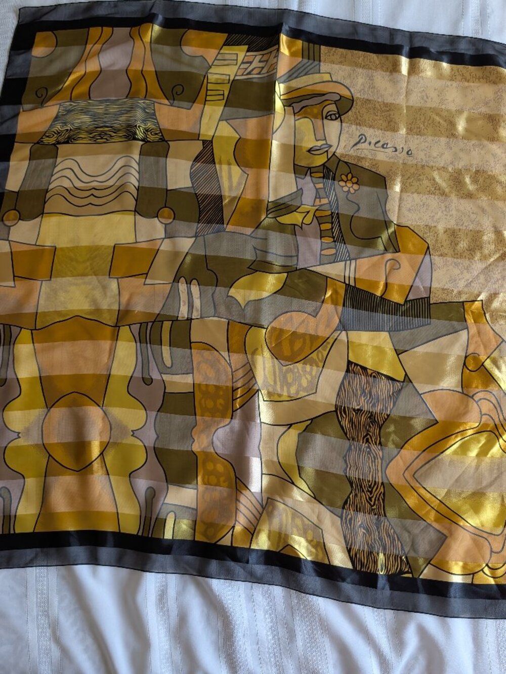 Brown Gold Black and Olive Vintage Picasso silk scarf